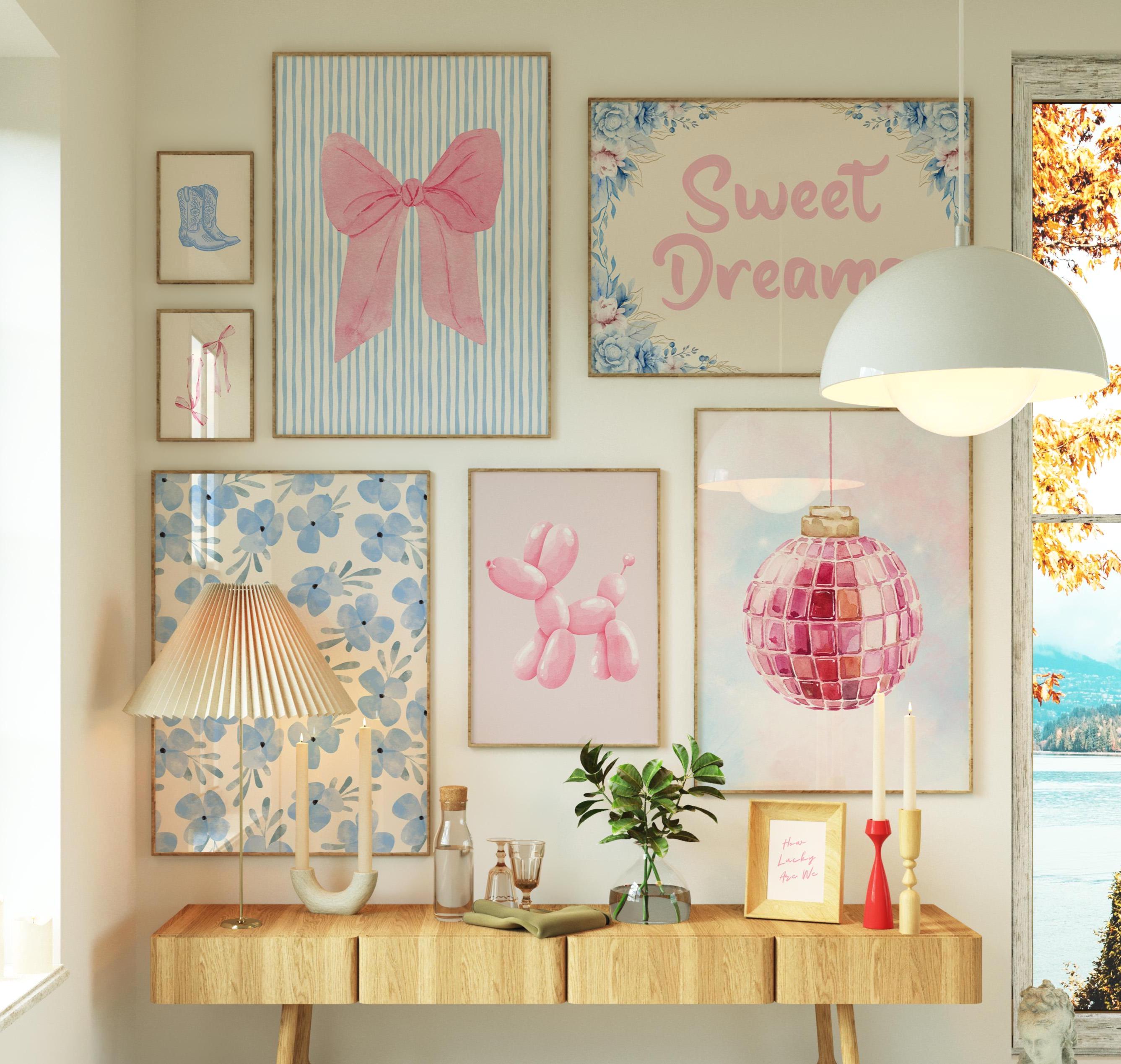 Blue and Pink Preppy Set of 8, Aesthetic Coastal Wall Art, Trendy Girls Dorm Decor, How Lucky Are We, Cute Coquette Bow Boots, Sweet Dreams