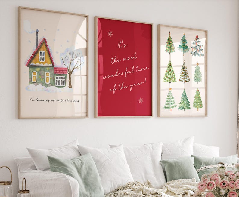 Set of 25 Christmas Wall Art Prints, Trendy Holiday Wall Decor, Colorful Xmas Wall Art, Vintage Winter Print, Digital Download