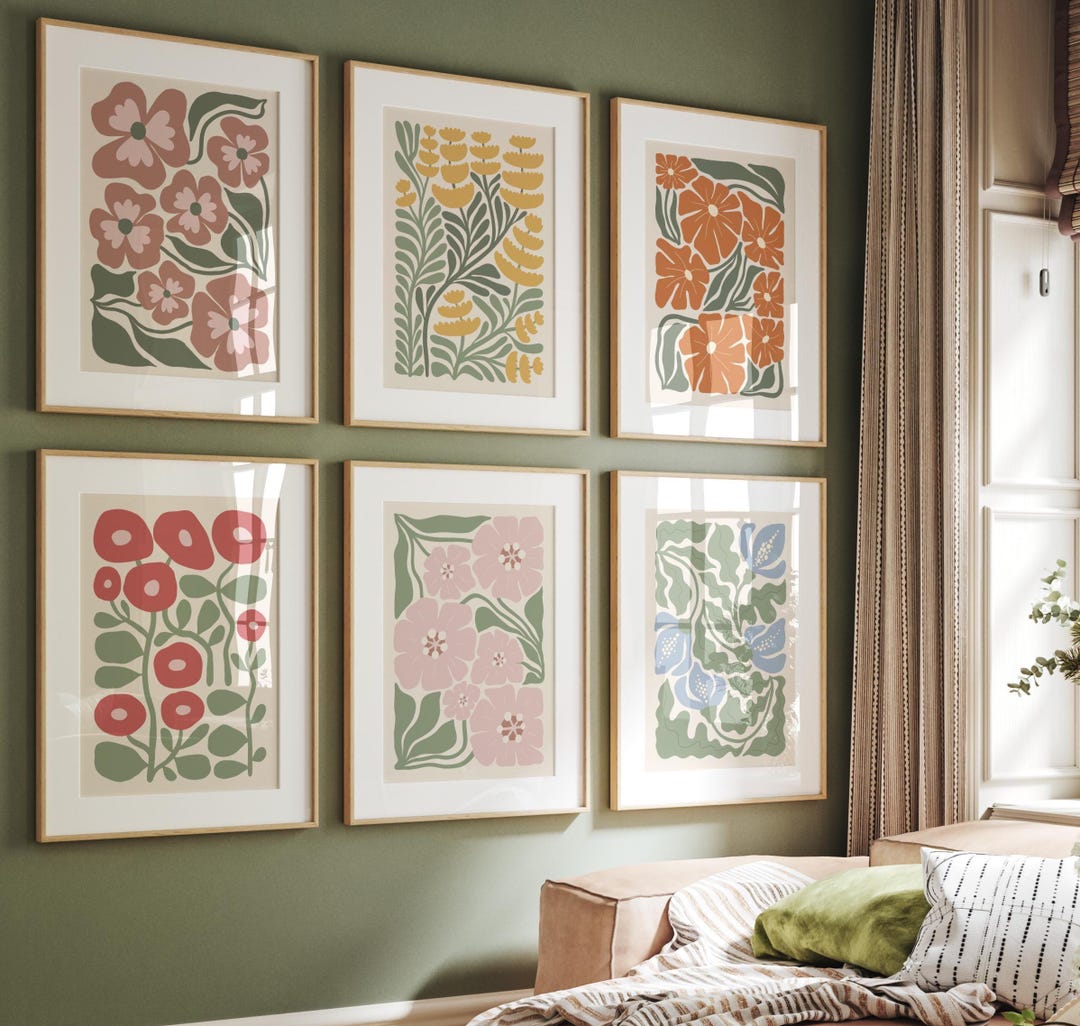 Boho Abstract Flowers Print Set of 6, Botanical Vintage Art Print