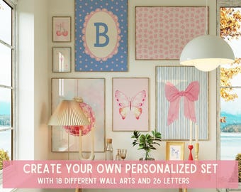 Custom Pink and Blue Wall Art, Personalized Preppy Dorm Decor, Monogram Print Set