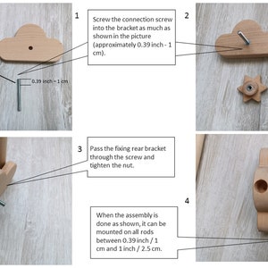 May include: A wooden toy with a cloud-shaped base and a star-shaped knob. The toy is assembled with a screw and a nut. The instructions show how to assemble the toy and indicate that it can be mounted on rods between 0.39 inches and 1 inch.