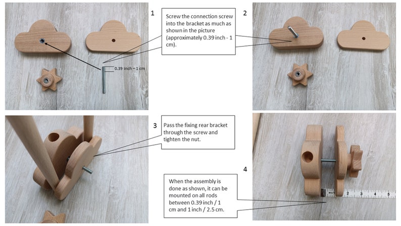 May include: A wooden toy with a cloud-shaped base and a star-shaped knob. The toy is assembled with a screw and a nut. The instructions show how to assemble the toy and indicate that it can be mounted on rods between 0.39 inches and 1 inch.