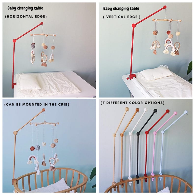 May include: A baby mobile arm with a clamp mount, shown in four configurations. The arm is available in seven colors and features a wooden crossbar with hanging macrame rainbows and pom-poms. Text labels indicate mounting options for horizontal edges, vertical edges, and cribs.
