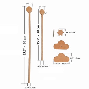 May include: Two wooden dowels with a star and cloud shaped wooden pieces. The dowels are 15.7 inches and 23.6 inches long. The star is 1.85 inches wide and the cloud is 2.75 inches wide.