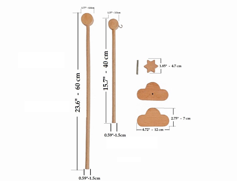 May include: Two wooden dowels with a star and cloud shaped wooden pieces. The dowels are 15.7 inches and 23.6 inches long. The star is 1.85 inches wide and the cloud is 2.75 inches wide.