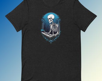 Piano-Playing Skeleton Tee - Enigmatic Bella+Canvas 3001 T-Shirt - Artistic Expression & Musical Passion in One