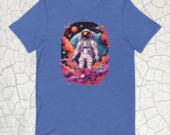 Galactic Explorer T-shirt, levendig T-shirt met astronautenprint, zachte unisex top met ruimtethema voor vrijetijdskleding