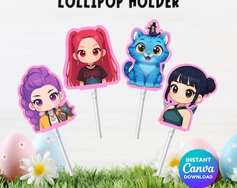 Easter K-Pop Demon Hunter Lollipop Holder, Printable Candy Favor Tag, Kids Easter Party Decor