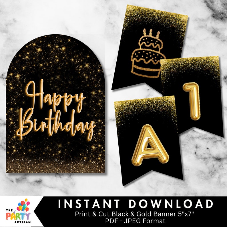 Black and Gold Birthday Banner Printable Custom Party Decorations