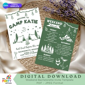 Camp Bachelorette Invitation with Weekend Itinerary | Editable Glamping Party Template | Camping Bachelorette Invite | Digital Download