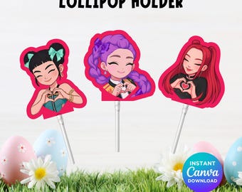 K-Pop Dämonenjäger Oster-Lollipop-Halter-Vorlage, druckbares Gastgeschenk, Süßigkeitenhalter-Karte, digitale Datei