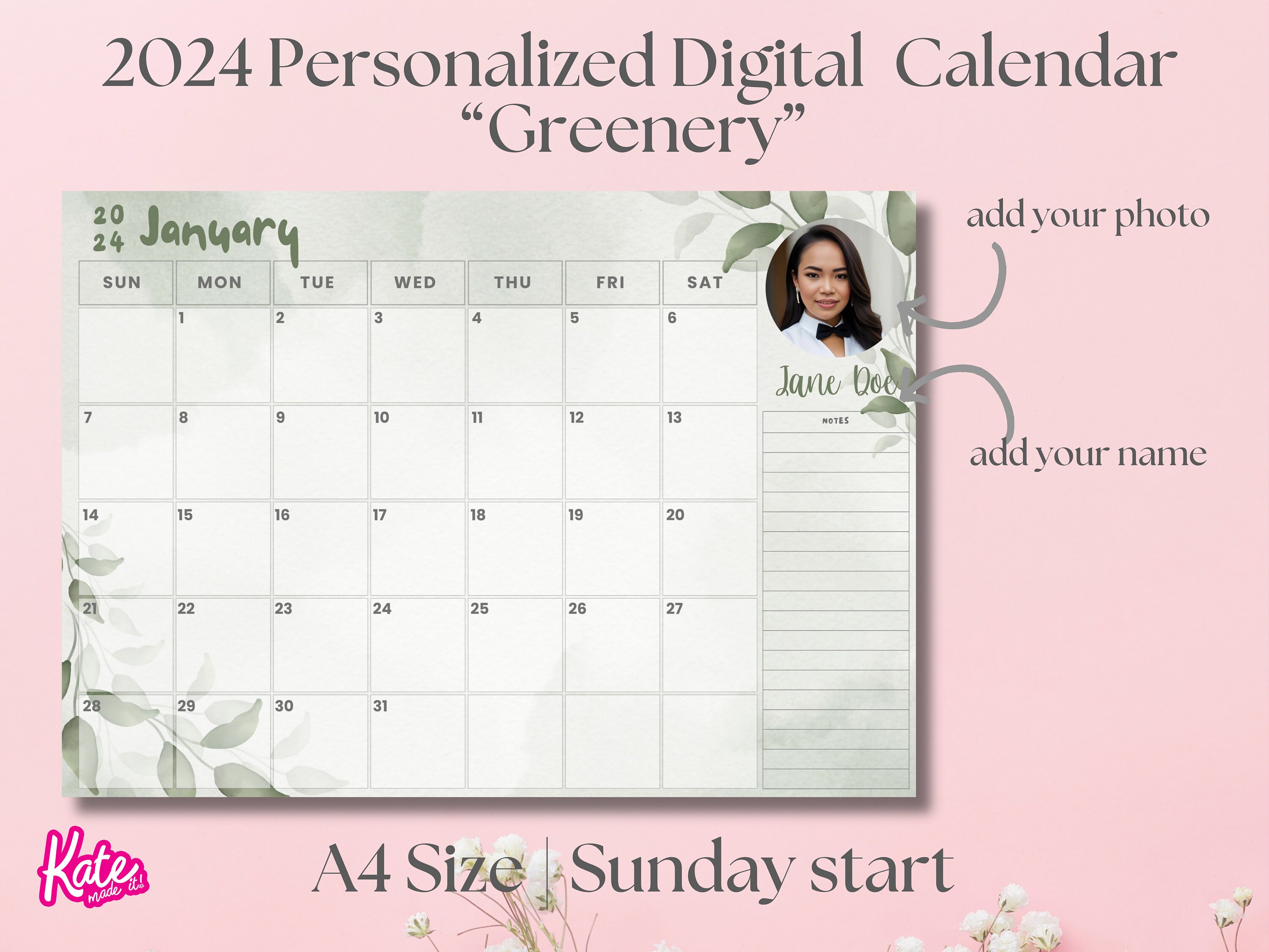 2024 Personalized Greenery Calendar 2024 Monthly Planner Landscape