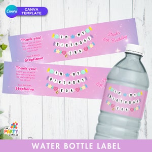 May include: Pink and purple water bottle label with a colorful banner that says "In My Birthday Era" and the text "Steph's 8th Birthday".