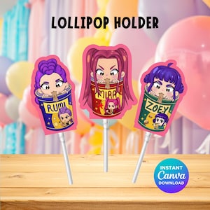 May include: Three lollipop holders with anime-style character designs. Each holder features a different character name: Rumi, Mira, and Zoey. The holders are on sticks, with a background of balloons and the text "LOLLIPOP HOLDER".