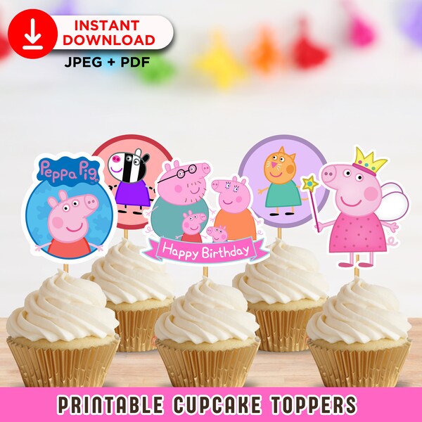 Topper pour cupcakes Peppa Pig imprimable, décoration de fête d'anniversaire, décoration de gâteau pour enfants, téléchargement numérique