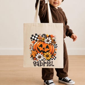 Custom Halloween Pumpkin Tote Bag | Personalized Floral Jack O Lantern Canvas Candy Bag | Pumpkin Patch Trick or Treat Tote, TB55