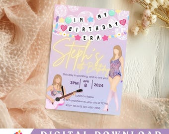 May include: A digital birthday invitation featuring a purple and pink background with a cartoon illustration of a woman holding a microphone. The text "In My Birthday Era" is written in a colorful font with stars and hearts. The invitation is for Steph's 19th birthday and includes the date and time of the event, as well as the location and RSVP information.