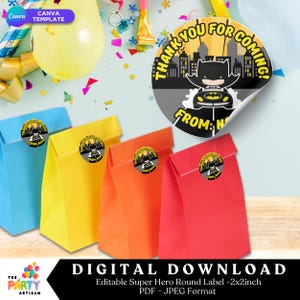 Modelo de adesivo personalizado, etiqueta de presente de aniversário de super-herói, etiqueta de favor para impressão com download instantâneo, etiqueta de agradecimento personalizada, etiquetas de favor com tema de morcego