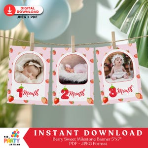 Tarjetas de hitos del primer cumpleaños de Berry / Hitos mensuales del bebé de fresa / Imprimibles de utilería fotográfica de Berry Sweet One / Descarga digital