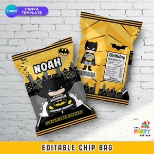Etichette per sacchetti di patatine a tema supereroi, dolcetti per feste a tema supereroi, bomboniere a tema pipistrello, sacchetti di patatine, etichette stampabili, sacchetti di patatine stampabili fai da te