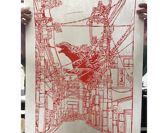 Handgemaakte GODZILLA Lino Cut Print Large - DIN A2 - Japon Movie Monster Poster Relief Kaija art retro electriciteitsmasten minus één kong