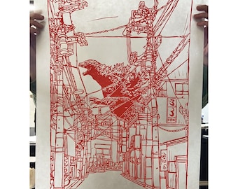 Handgemaakte GODZILLA Linosnede groot - DIN A2 - Japan Movie Monster poster Reliëf Kaija kunst retro electriciteitsmasten minus één kong