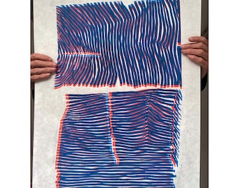 Handgemalter DIN A2 Linolschnittdruck groß – ABSTRAKTER GOLVEN – Japan Filmplakat Reliefkunst Retro skandinavisches Design