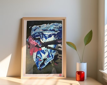Handmade original multicolored Woodcut Print: GARBAGE BAG. Limited edition of 7, woodblock art