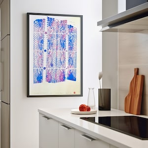 Handgemaakte Zeefdruk BORDUURWERK Print large - DIN A1 - Poster Pop Art abstrakt geometrisch raster pink neon warhol space age risograph DNA