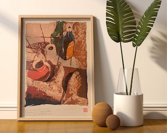 Handmade original multicolored Woodcut Print: Voeten, Koffie en WC-rol. Limited edition woodblock art