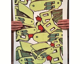 Handmade Lino Cut Print: Abstract Aviation Art, DIN A2 Poster