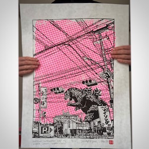 Handgemaakte GODZILLA Linosnede Zeefdruk- DIN A2 - Grote Japan Movie Monster poster Reliëf Kaija kunst retro godzilla min één kong
