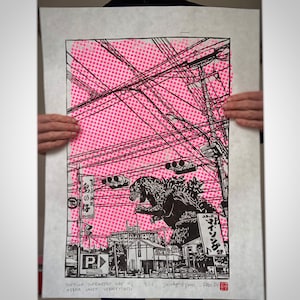 Handgemaakte GODZILLA Lino Cut Print Zeefdruk- DIN A2 - Grote Japan Movie Monster Poster Relief Kaija kunst retro godzilla min één kong