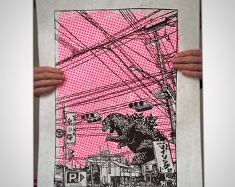 Handgefertigter GODZILLA Linolschnitt-Druck Zeefdruck – DIN A2 – Großes japanisches Filmmonster-Poster Relief Kaija Kunst Retro Godzilla Min één kong