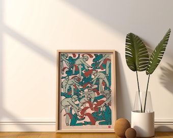 HANDMADE Girl Power Lino Cut Print: Multicolored Ninja Fighters Art (DIN A2)