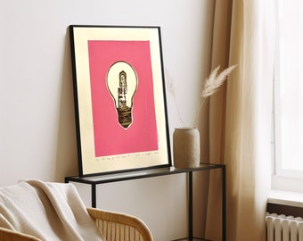 Handgemaakte Zeefdruk LIGHT BULB Print groot - DIN A2 - edison lamp poster pop art retro zeefdruk muur canvas roze modern warhol