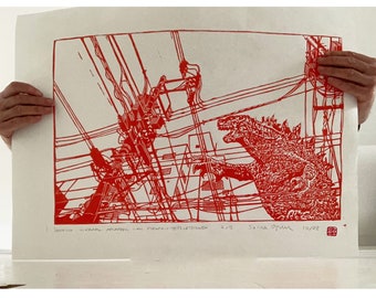 Handgefertigter GODZILLA-Linolschnittdruck, groß – DIN A 2 – japanisches Filmmonster-Poster, Relief, Kaija-Kunst, Retro-Stil, originell
