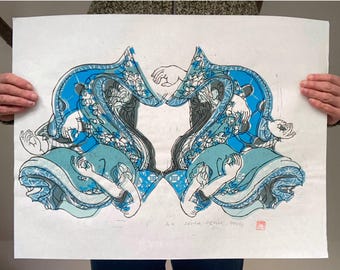 Handmade SHUNGA Lino Cut Print: Japanese Art Relief (DIN A2)