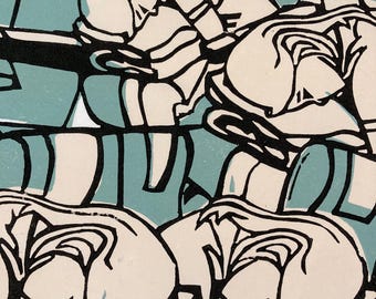 Handmade Linocut Print: Plane Crash Aviation Art (DIN A2) from a KLM Safety Sheet