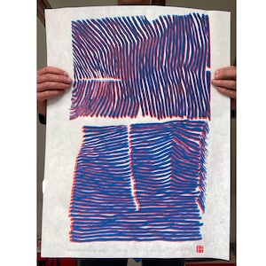 Handgemaakte DIN A2 linoafdruk groot - ABSTRACTE GOLVEN - Japanse filmposter Reliëfkunst retro Scandinavisch design