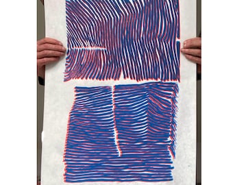 Handgemaakte DIN A2 linoafdruk groot - ABSTRACTE GOLVEN - Japanse filmposter Reliëfkunst retro Scandinavisch design