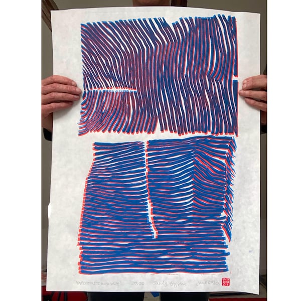 Handgemaakte DIN A2 linoafdruk groot - ABSTRACTE GOLVEN - Japanse filmposter Reliëfkunst retro Scandinavisch design