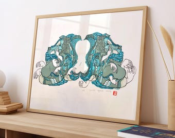 Handmade Shunga Inspired Linocut Print: Japanese Art (DIN A2)