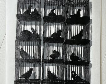 Handmade + Original - The Bird Keeper – Linocut print of Pigeons, Ducks & Rabbits | Black and White Animals | Hand Printed poster Wall Art