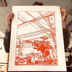 Handgemaakte GODZILLA Lino Cut Print - DIN A2 - Grote Japan Movie Monster Poster Relief Kaija kunst retro godzilla min één kong