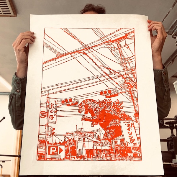 Handgemaakte Godzilla-linosnedeprint - Japanse filmmonsterkunstposter (groot DIN A2)