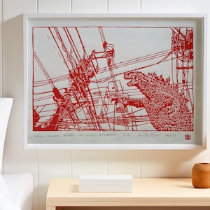 Handgemaakte GODZILLA Linosnede groot - DIN A 2 - Japan Movie Monster Poster Relief Kaija kunst retro stroommasten origineel king kong