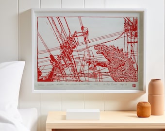 Handgemaakte Godzilla linosnede print - Japan Movie Monster Art Poster (grote DIN A2)