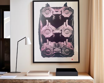 Handmade Egg Carton Screen Print: Abstract Pop Art, Pink Neon DIN A1