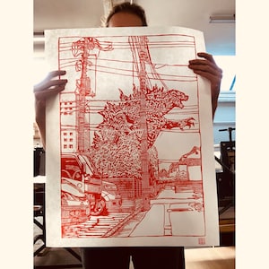 Handgemaakte GODZILLA Lino Cut Print Large - DIN A2 - Japan Movie Monster Poster Relief Kaija art retro electriciteitsmasten auto's